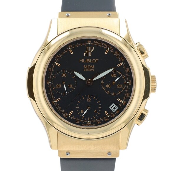 Hublot Accessories - Hublot Mens Watch Solid 18K Yellow Gold Black Chronograph Dial Black Rubber Band